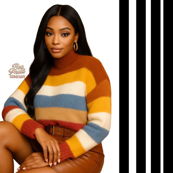 Fashion Nova Cozy Colorblock Striped Turtleneck Sweater Fall Vibes - Picture 1 of 5